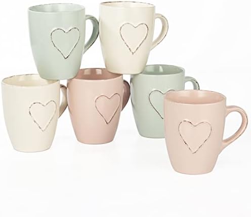 6 Piece Country Kitchen Pastel Heart Mug Set  10oz/300ml Dishwasher & Microwave Safe Ceramic Stoneware Tea, Coffee & Hot Chocolate Mugs  Pink, Mint & Oatmeal Colour Glazed Drinking Cups