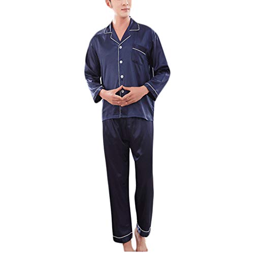 wowcarbazole Men's silk Satin Pajamas Set Long/short Sleeve Button-Down Sleepwear with front pocket, Navy, Large-picture-15