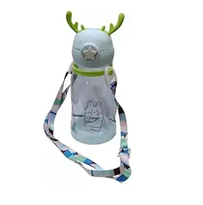 CHILDCHIC Cartoon Design 2 in 1 Sipper Water Bottle for Infant Toddler 500ml Anti-Spill Sippy Cup with Soft Silicone Straw BPA Free Anti Spill Lock Leak Proof Easy Neck Hanging Cap (Blue)