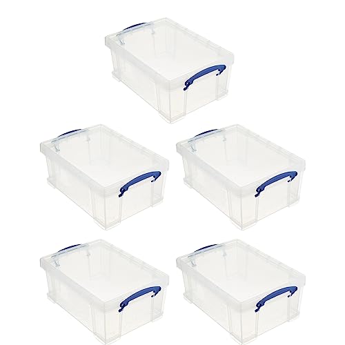 Image of Really Useful Box Stackable 9 Liter Plastic Storage Container, 5 Pack | Bin with Snap Lid & Built-In Clip Lock Handles for Home & Office Organization