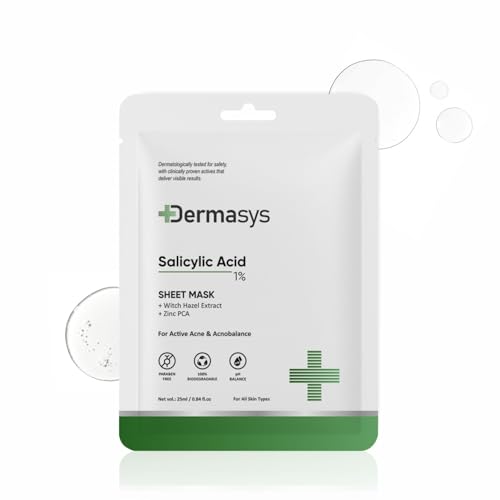 Image of 1% Salicylic Acid Sheet Mask for Reducing Acne, Enlarged Pores & Fine Lines with Zinc PCA, Witch Hazel & Hyaluronic Acid | Face Mask for Clear, Smooth & Refined Skin (Pack of 1, 25ml)