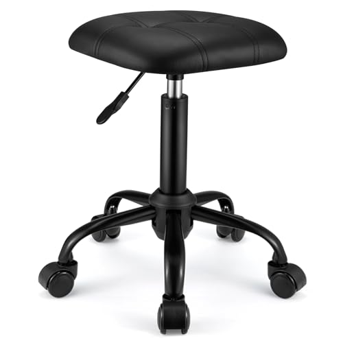FNZIR Square Rolling Stool with Wheels Height Adjustable Swivel Stools Office Chair Black