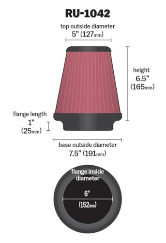 Image of K&N High-Flow Original Lifetime Universal Clamp-On Air Filter: High Performance, Premium, Washable: Flange Diameter: 6 In, Filter Height: 6.5 In, Flange Length: 1 In, Shape: Round Tapered, RU-1042