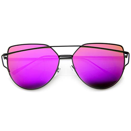 zeroUV Oversize Metal Frame Thin Temple Color Mirror Flat Lens Aviator Sunglasses 62mm (Black/Magenta Mirror)