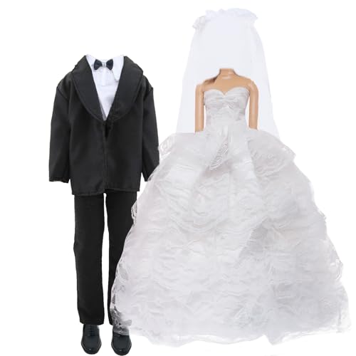 QBPKQY Wedding Outfit Set Including 1 White Wedding Dress with Veil 1 Formal Business Suit 2 Shoes Bride Gown Groom Clothes Suit for 11.5 inch Girl & Boy Dolls (NO Doll)