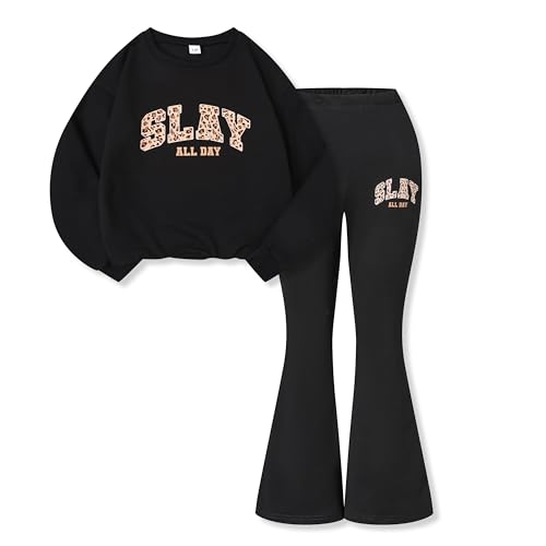 Image of Azmxynol Tween Girls Clothes Long Sleeve Graphic Print Sweatshirt Top + Flared Pants 2 Piece Outfit Set, Size 7-16 Years