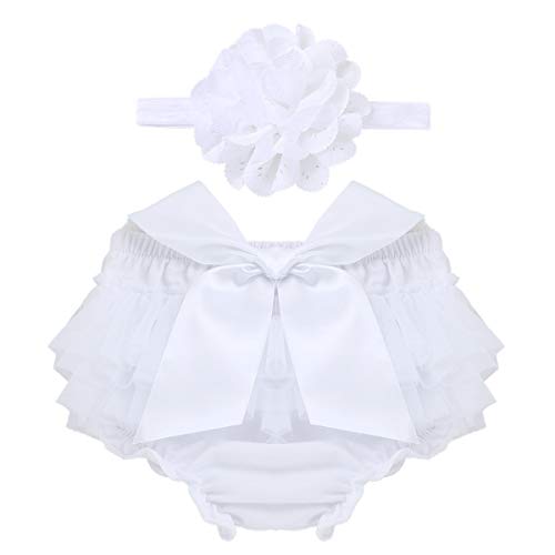 Mufeng Infant Baby Girls Bloomer and Headband Set Newborns Floral Lace Ruffled Diaper Covers Baby Photo Shoot Prop White 0-3 Months