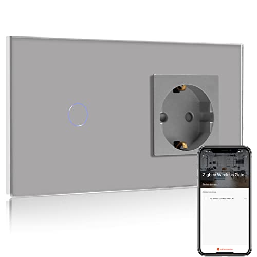 BSEED BSEED Normale Steckdose mit Smart ZigBee Lichtschalter, intelligenter Wandschalter Kompatibel mit Alexa und Google Home, 1 fach 1 Weg Unterputz Schalter 250V Grau (Hub erforderlich)