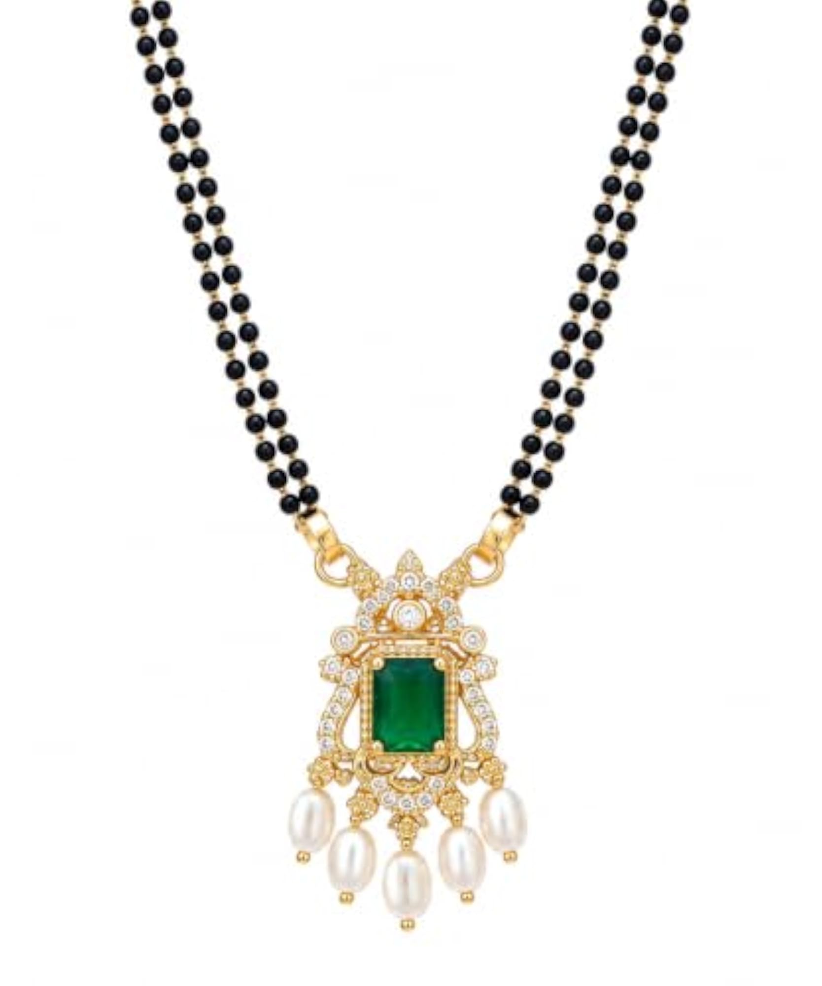Double Strand Black Bead Mangalsutra with Emerald Green Pendant