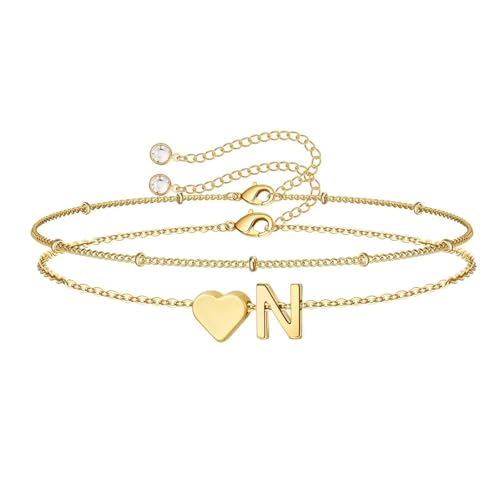 Image of M MOOHAM Easter Basket Stuffers Gifts for Kids Teens Girls - 14K-Gold-Plated Heart Initial A-Z Bracelets for Women Girl Dainty Gold Bracelets Birthday Easter Gifts for Women Teenage Girls Kids Teens