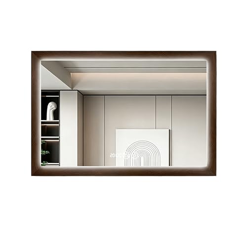 Zlthraustic Espejo de baño LED con Marco de Nogal rústico, Espejo de tocador for Montaje en Pared con Pantalla de Tiempo, antivaho, Luces 3000K/4000K/6000K, Regulable, 32'x24'