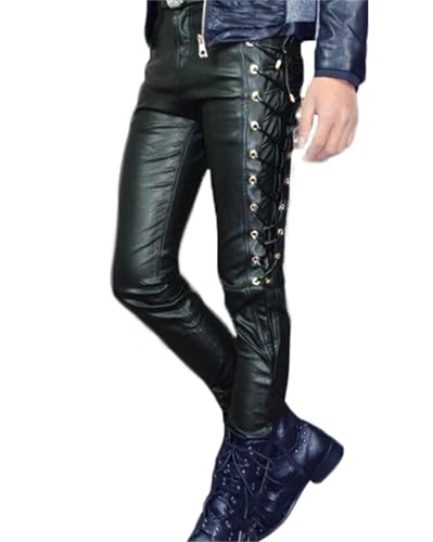 GPCHAN Men's Side Lace up PU Leather Pant Jeans Trouser Black Hip Hop Skinny Biker Pants
