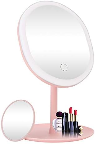 Sanwsmo LED Makeup Mirror Vanity Mirror with Lights,3 Color Lighting Modes,5X Magnification,Touch Screen Switch,90 Degree Rotation,Portable Detachable Countertop Circle Tabletop Desk Face Mirror（Pink）