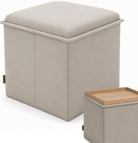 RIOGOM Puff Almacenaje, Banco de Almacenamiento Plegable, Cuadrado, Mesa de Madera Reversible, Taburete Reposapiés, Reposapies Sofa, Taburete almacenaje, 38 x 38 x 39 cm (Khaki Lino)