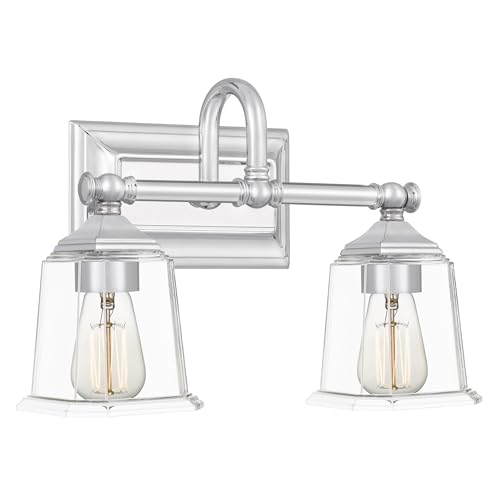 Image of Quoizel Nicholas 15 inch Vanity Light, Polished Chrome, Clear Glass | 2-Light, Dimmable, Reversible Mounting, ETL Damp Rated