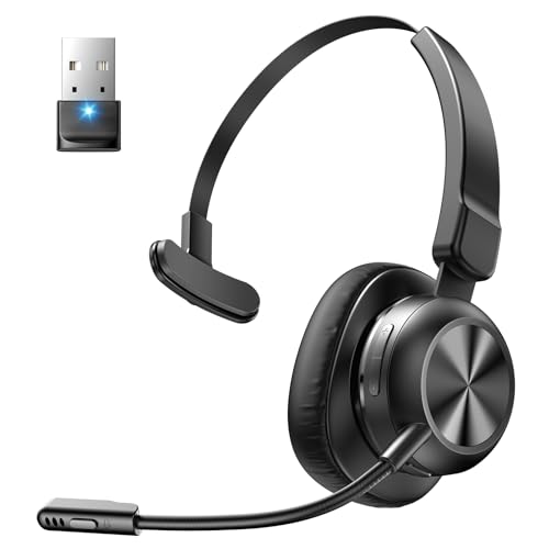 Bluetooth Headset with USB Dongle Trucker Bluetooth Headset with AI Noise Cancelling Microphone & Mute Button 50Hrs Single Ear Wireless Headphones for Truck Driver Phone Computer PC Office Work