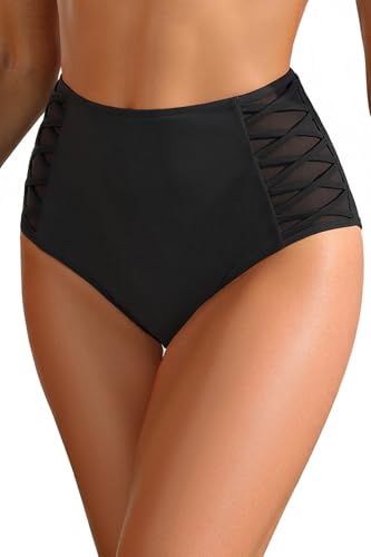Tempt Me Women High Waisted Bikini Bottom - Tummy Control Swimsuit Full Coverage Bathing Suit Side Mesh Swim Bottom 2025