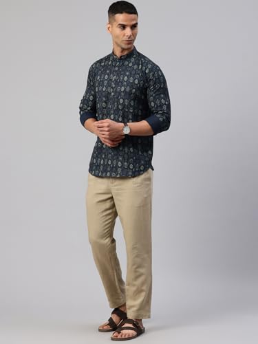 Image of Majestic Man Men's Pure Cotton Printed Mandarin Collar Regular Fit Roll-Up Sleeves Short Kurta