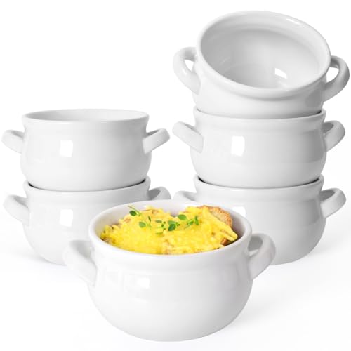 Vumdua Soup Bowls with Handles 16 Oz Ceramic French Onion Soup Bowls - Stackable Soup Crocks Oven Safe for Cereal Chilli Pot Pies Dishwasher Microwave Safe Set of 6 White