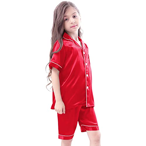 Little Girls Boys Silk 𝗣ajamas Set Summer Satin Short Sleeve 𝗣js 2PC Cute Kids Toddler Baby Solid Button Down Sl𝐞epwear