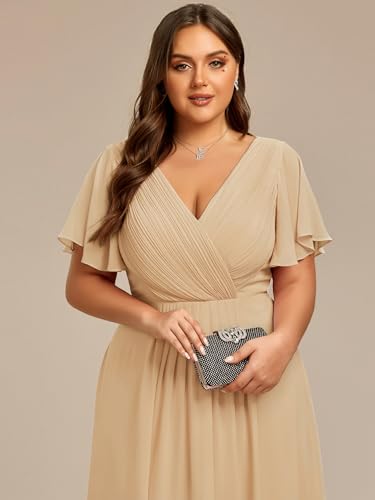 Image of Ever-Pretty Plus Summer Short Sleeves V-Neck Formal Wedding Guest Dresses for Curvy Women Chiffon Midi Cocktail Party Dress