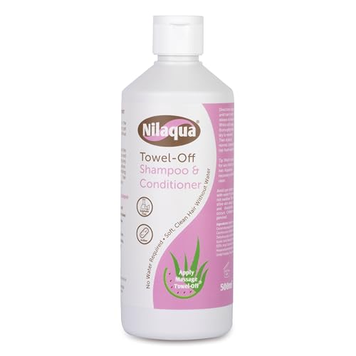 Nilaqua Towel off Shampoo & Conditioner 500ml Single, Non Rinse with Vitamin E, No Water - Rinse free hair washing, Kind & Gentle, Sulphate Free, UK Manufactured. Antibacterial, Watermelon & Aloe Vera