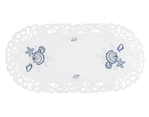 Embroidered Blue Seashell Beach on White Table Runner, Dresser Scarf, Coffee Table Runner (14Wx27L) by Linens, Art and Things - Image 2