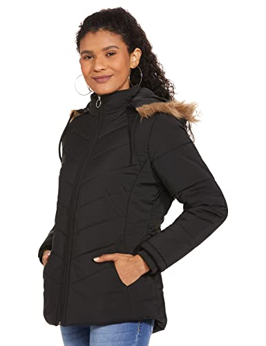 Image of Qube By Fort Collins Women's Medium-Length Bomber Jacket with Detachable Hood Stylish Winterwear for All-Day Comfort |Material: Nylon
