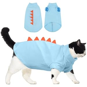 DENTRUN Sphynx Cat Clothes, Cute Dinosaur Design Hairless Cat Costume, Breathable Cotton Shirts Cat Clothes for Cats Only, Round Collar Kitten Daily T-Shirts with Sleeves, Cats Funny Cosplay Apparel