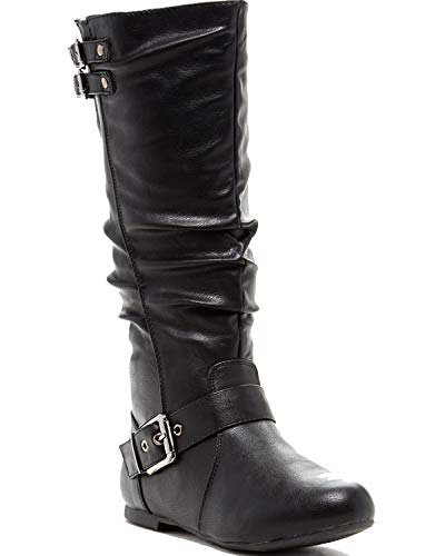 TOP Moda Night-76 Women's Mid Calf Round Toe Buckle Slouched Flat Boots2