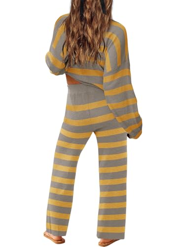 Image of LAMISSCHE Oversized Womens Lounge Set Striped Sweater Set Long Sleeve 2 Piece Pajama Set Top and Pants with Pockets