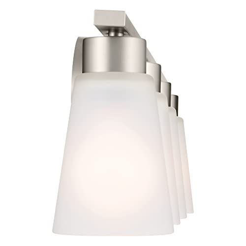 Image of Kichler Stamos 4-Light Bathroom Vanity Light Fixture with Satin Etched Glass Shades, 26 in Modern Wall Light in Brushed Nickel for Bathroom Mirror (26 in x 8 in x 5 in), 55122NI