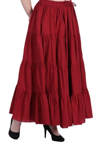 Wevez Women’s 12 Yards Maroon Cotton Skirt Boho Flowy 4-Tiered Long Skirt for American Belly Dance