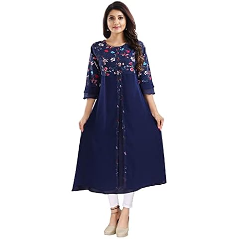 Unifiedclothes SC2201FBA Kurtis for Women Polyester Blue Graphic Tunic Round Neck Below The Knee Casual Top Shirt (Numeric_14) Blue Cover