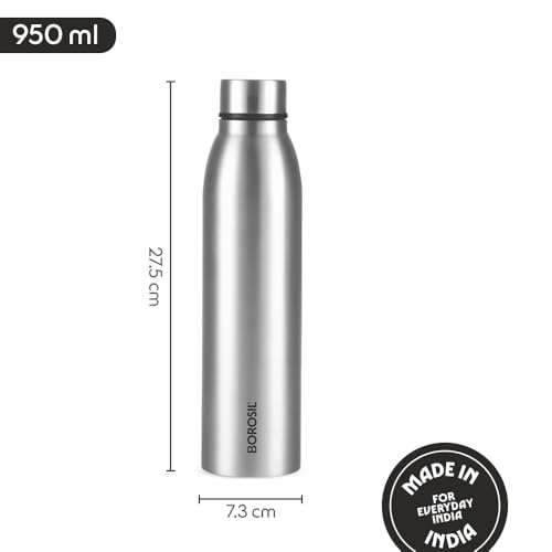 Image of Borosil 950 ml Hydra Glacier Stainless Steel Water Bottle | ISI Certified, Made in India Bottle | Single Wall, Leakproof, BPA Free| Bottle for Office, School, College & Gym | 1 Year Warranty