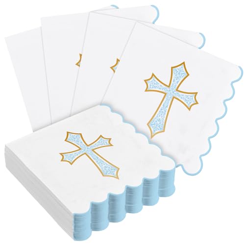 Crtiin 50 Pack Blue Cross Pattern Paper Napkins 3 Ply 5 x 5 in Baptism Disposable Cocktail Napkins with Scalloped Edges for Christening Religious First Communion Newborn Baby Shower Party Supplies