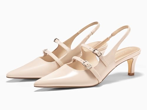 Image of Coutgo Womens Slingback Kitten Heels Mary Jane Pumps Closed Pointed Toe Buckle Strap Wedding Dress Shoes