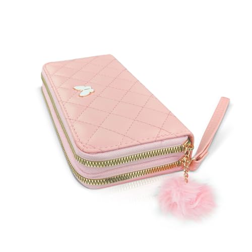 Womens Wristlet Wallets, PU Leather Clutch Wallet Double Zipper Credit Card Wallet with Multi Card Slots