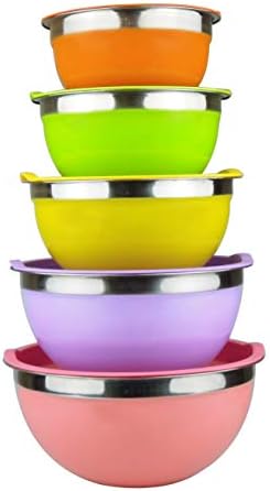 Raking Stainless Steel Mixing Bowls With Colorful Lids (Set of 5), Large Capacity Nesting Metal Bowls for Space Saving Storage, Great for Kitchen, Camping, Cooking, Baking, Serving, Prepping (Multi)