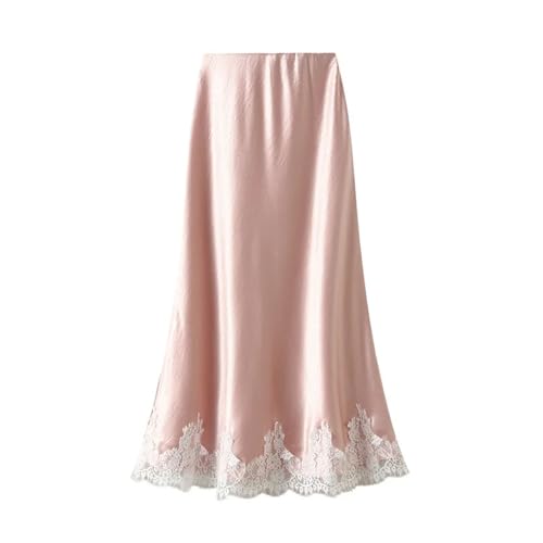Women's Lace Overlay Satin Skirt, Spring Summer High Waist Maxi Skirt4