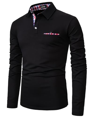 AIOIDI Cotone Rettice Polo Camicie per Uomini Adulti Maniche Lunge Tops Golf T-Shirts Nero XXL