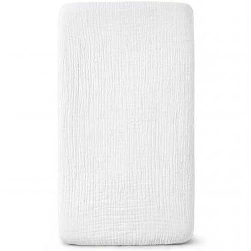 Image of Muslin Bassinet Sheet Compatible with Mika Micky & Baby Delight Bedside Sleeper - 100% Cotton Rectangular Mattress Pad Cover (35 inchx20 inch), Breathable & Soft, Boho (1 Pack White)