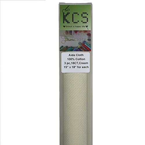 Image of KCS 3 pc of 15 inch x 18 inch Counted Cross Stitch Cotton Aida Cloth Needlework Rolled Fabric Box,16CT,Cream