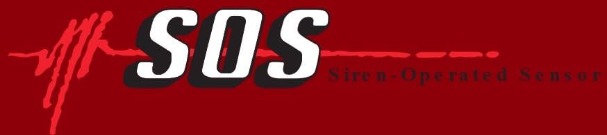 SOS Siren-Operated Sensor logo on a red background