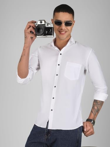 Image of Mens Cotton Lycra Full Sleeve Slim Fit Semi-Formal Shirt | Textured Pattern | Curved Hem