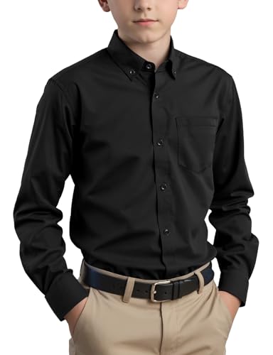 Spring&Gege Camisa de manga larga con botones de sarga de algodón para niños (3-14 años), Negro, 13-14 Años