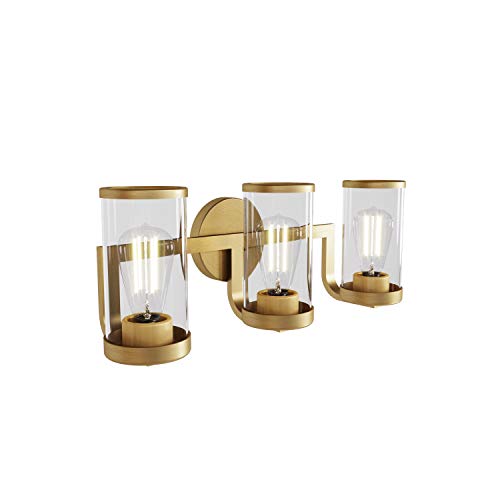 Brass Bathroom Vanity Wall Light - 3 Light Fixture with Clear Glass Shade, 19.5 Inch Wide, 180 Watts, 120V, Damp Located for Bathroom Decor, Modern Art Deco Style - UL Listed
