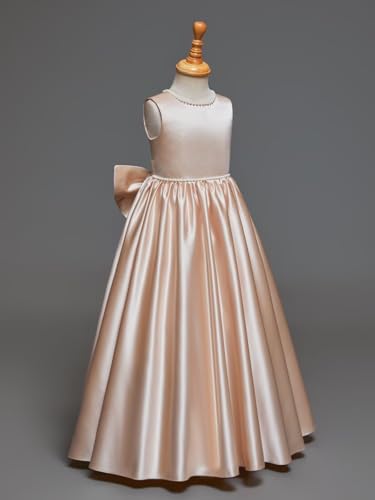 Satin Flower Girl Dress for Wedding Pearl Floor Length Kids Bridesmaid Dresses Princess Pageant Party Bow Gowns3