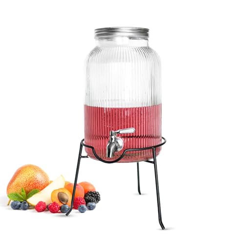 Imagen de Sendez Dispensador de bebidas de cristal de 5 litros con grifo de acero inoxidable y soporte de metal