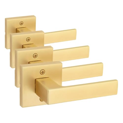 Image of Kwikset Singapore Dummy Door Handle, Single Sided Lever for Closets, French Double Doors, and Pantry, Satin Brass Non-Turning Reversible Interior Push /Pull Lever, with Microban Protection (Pack of 4)